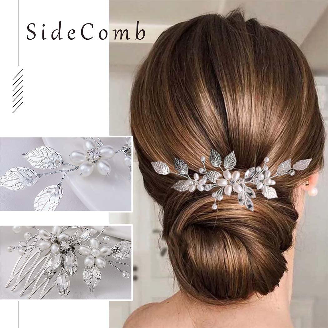 EVILD Evild Leaf Bride Wedding Hair Comb Silver Pearl Rhinestone Hair Piece Flower Crystal Bridal Hair Accessories for Women