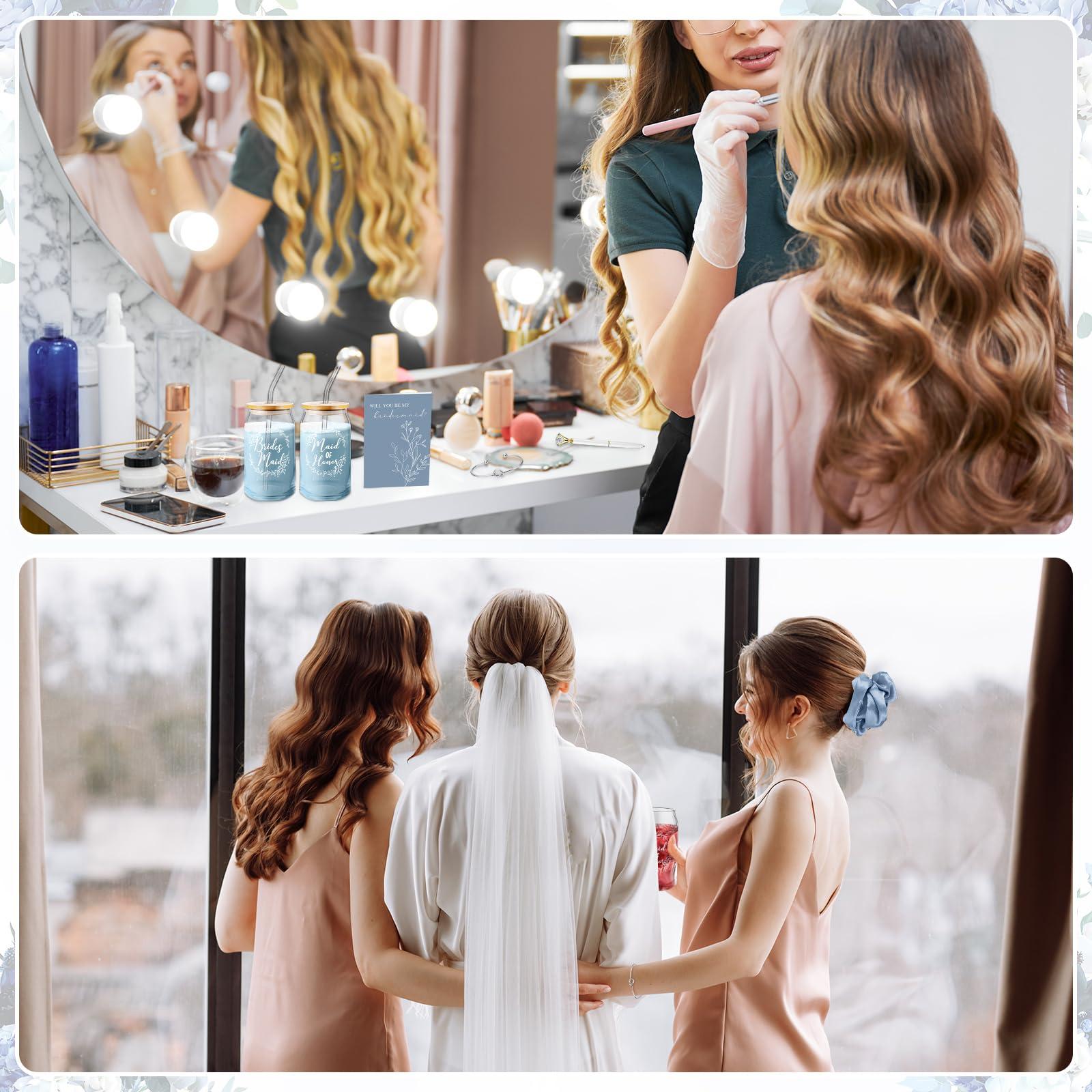 Irenare Irenare 36 Pcs Bridesmaid Proposal Gifts Bridal Shower Gifts 16 oz Glass Cup Cosmetic Makeup Bags Invited Cards Scrunchies Hair Knotted Bracelets Diamond Pens Favors for Wedding (Blue)