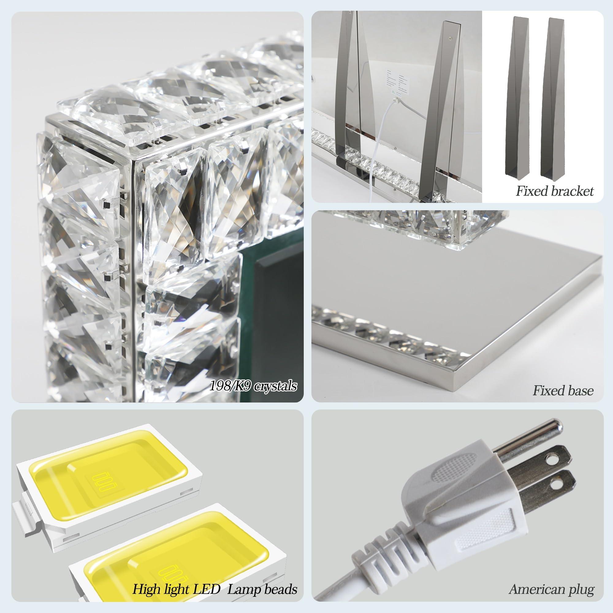 RINDOW RINDOW 35\" x 27\" Crystal LED Dimmable Hollywood Vanity Mirror, Large Lighted Makeup Mirror for Desk, Dimmable 3 Lighting Modes, Lights with Crystal Crush Diamond, Metal Frame