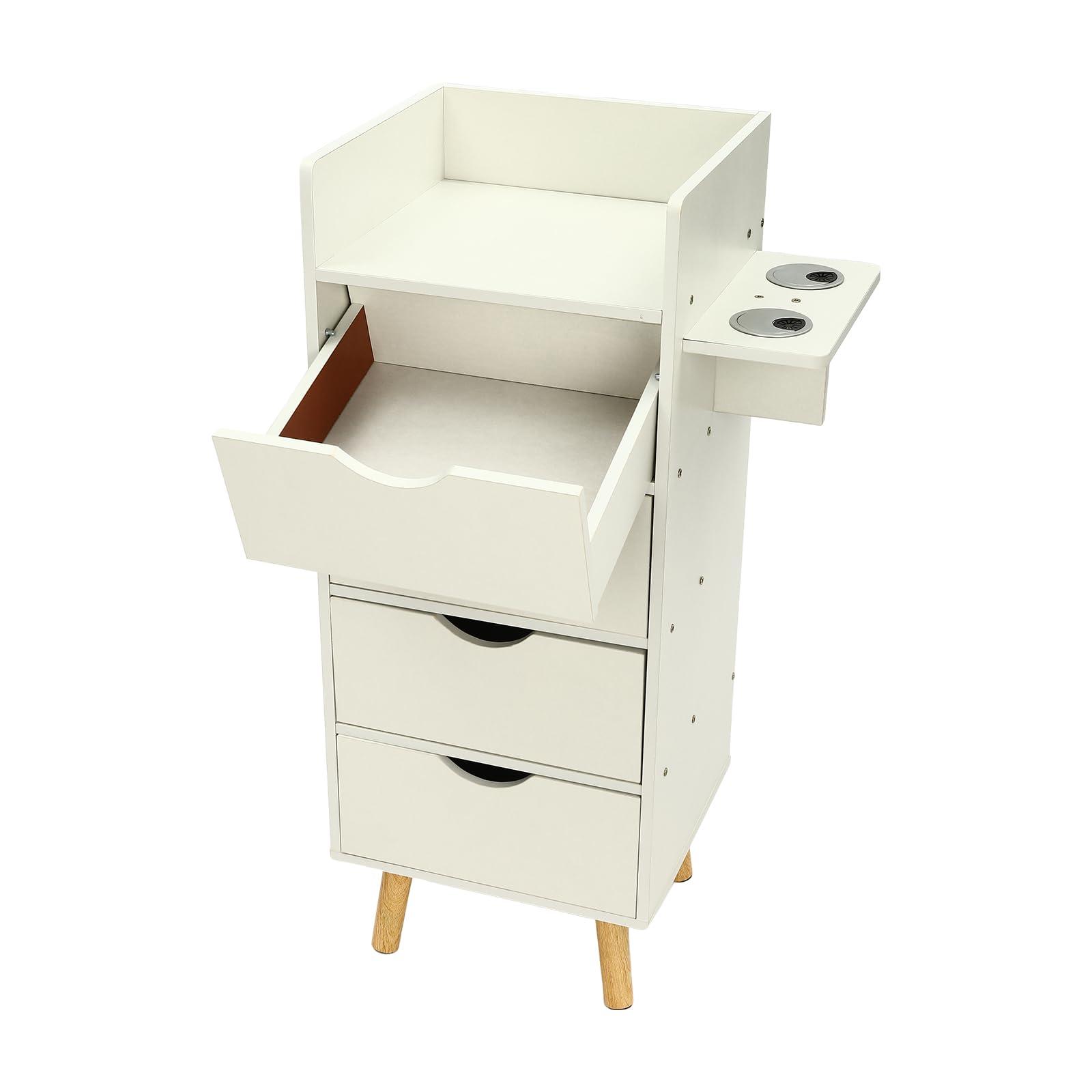 OUKANING 4 Layers Salon Storage Cabinet, Beauty Barber Salon Styling Station Organizer Equipment,Hair Stylist Station Set with 2 Hair Dryer Holders, 4 Drawers, Salon Storage Cabinet for Hair Stylist, White