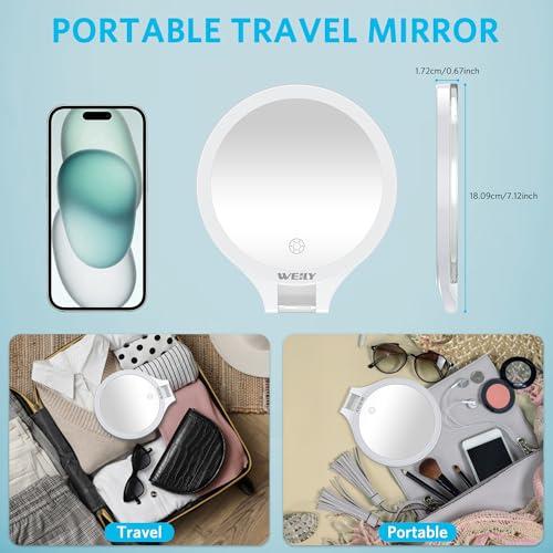 WEILY WEILY Magnifying Mirror with Light, 10X/1X Magnification Double-Sided Travel Makeup Mirror, with 3 Color Lights, Touch Control, Rechargeable Portable Mirror for Bedroom, Bathroom (White)