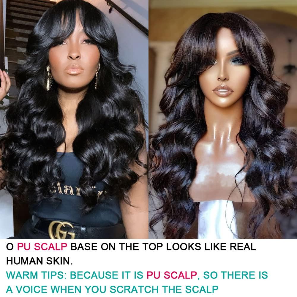 RHEANNA RHEANNA Bang Wig Human Hair 180 Density Brazilian Wavy Wig With Bangs For Black Women O Scalp Top Full Machine Made Wig 18inch