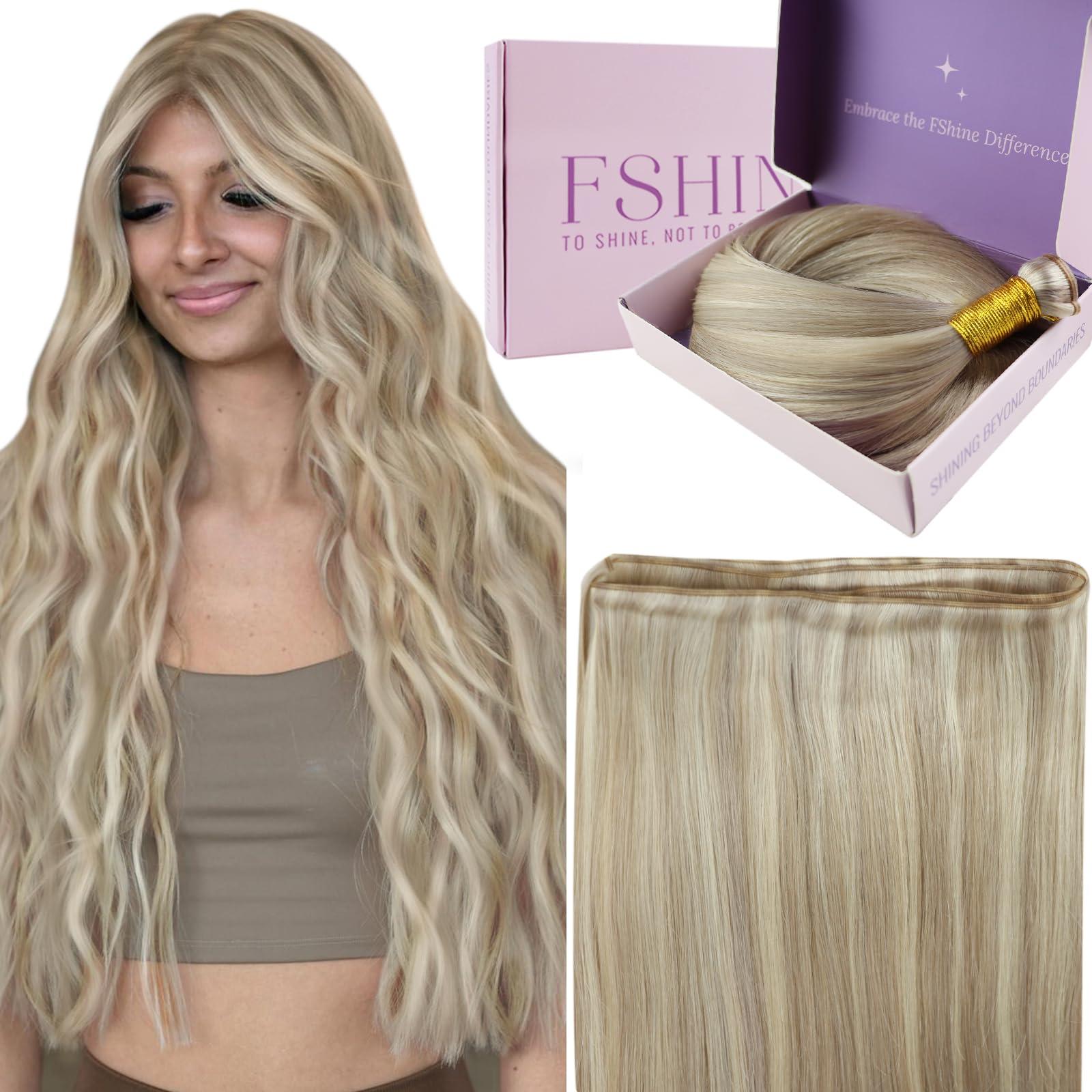 Fshine Fshine Hand Tied Genius Weft 14 Inch 50g Ash Blonde Highlighted Bleach Blonde Sew in Hair Extensions Remy Human Hair Weave Real Human Hair for Women Highlight Hair Genius Weft Natural Hair