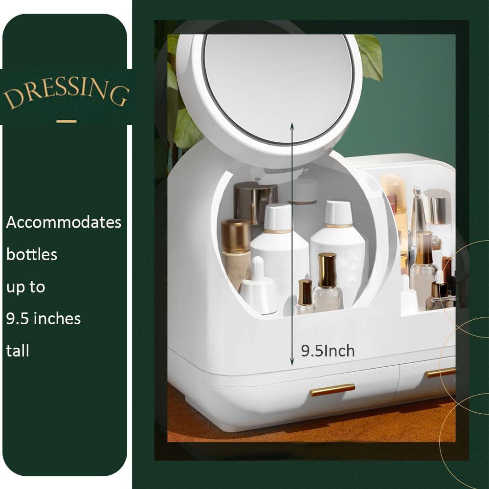 FEOKUMO Makeup Organizer Holder with Mirror and Light, Portable Cosmetic Display Case, Great for Bathroom Countertop Bedroom Dresser (white)