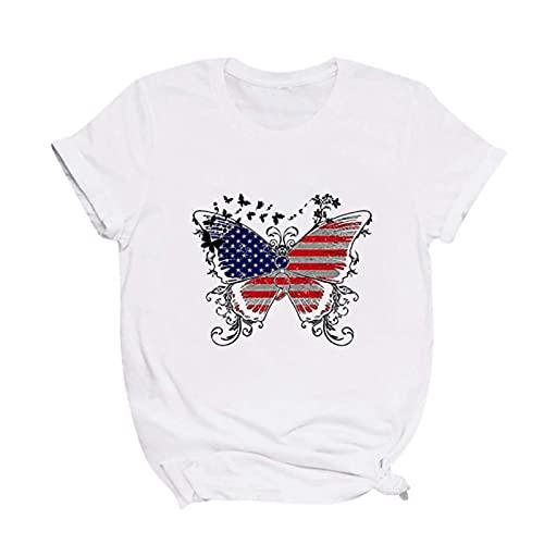 niaanieaie Women's Tops for Independence Day Floral Tops V/O Neck Printed Basic Loose Casual(White,XL)