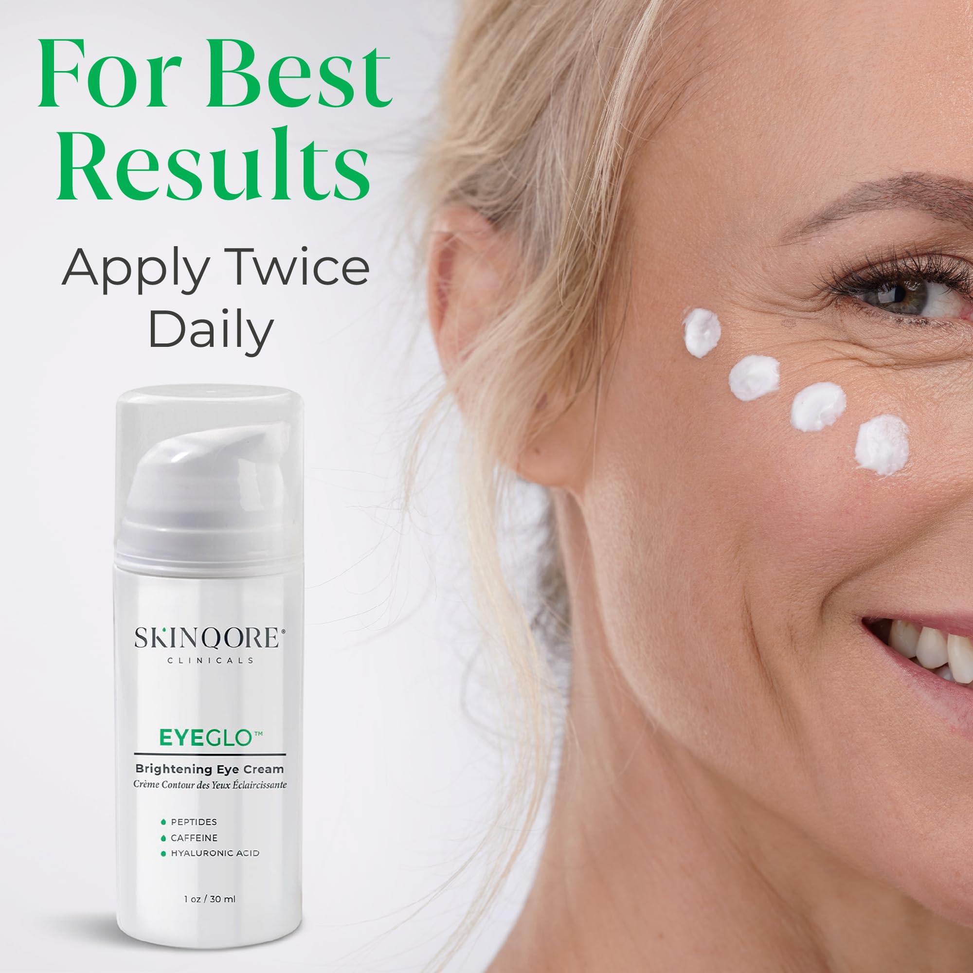 Skinqore Clinicals EyeGLO Caffeine Eye Cream for Dark Circles, Eye Bags, and Puffiness | UnderEye Treatment for Women with Peptides, Antioxidants, Hyaluronic Acid | Natural Brightening EyeCream - 1 Oz