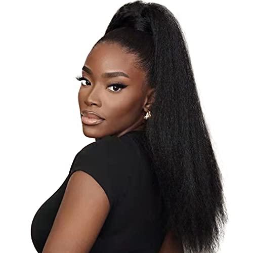 R RACILY HAIR Kinky Straight Ponytail Extensions Human Hair Wrap Drawstring Adjustable Clip In Pony Tail Yaki Curl Natural Black (22")