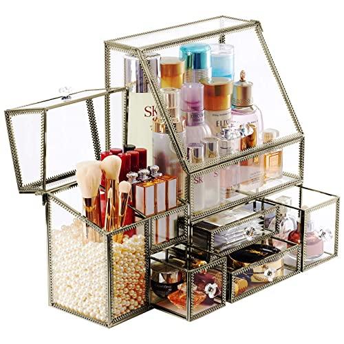 Hersoo Stackable 3Pieces Drawer Set Glass Makeup Organizer Antique Countertop Vanity Cosmetic Storage Box Mirror Glass Beauty Display, Holder for Brushes Lipsticks Skincare Toner with free Pearl (Brass)