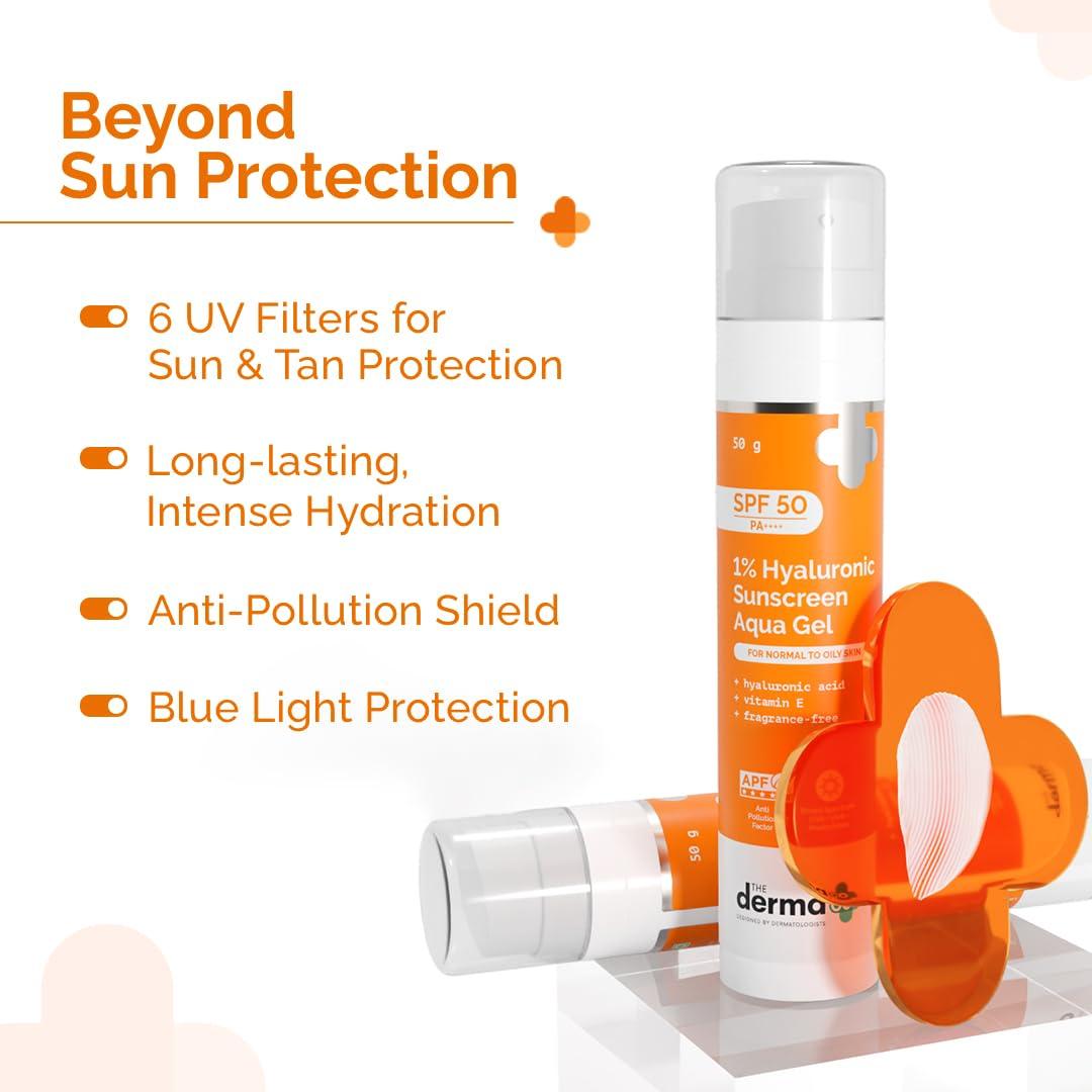 The Derma Co The Derma Co 1% Hyaluronic Sunscreen Aqua Gel with SPF 50 & PA++++ | Broad Spectrum UVA/B & Blue Light Protection | Lightweight & Quick Absorbing with Vitamin E | 1.76 Oz/50g