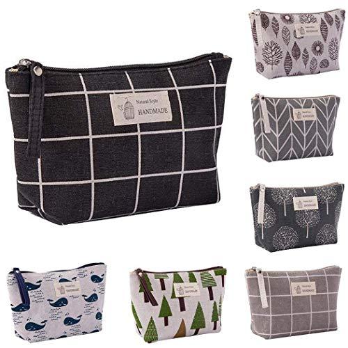 BPQ_W Makeup Bag with Zipper, Cotton Linen Large-Capacity Cosmetic Bag + Flower Print Toiletry Pouch Clutch Organizer Travel Storage Bag (B)