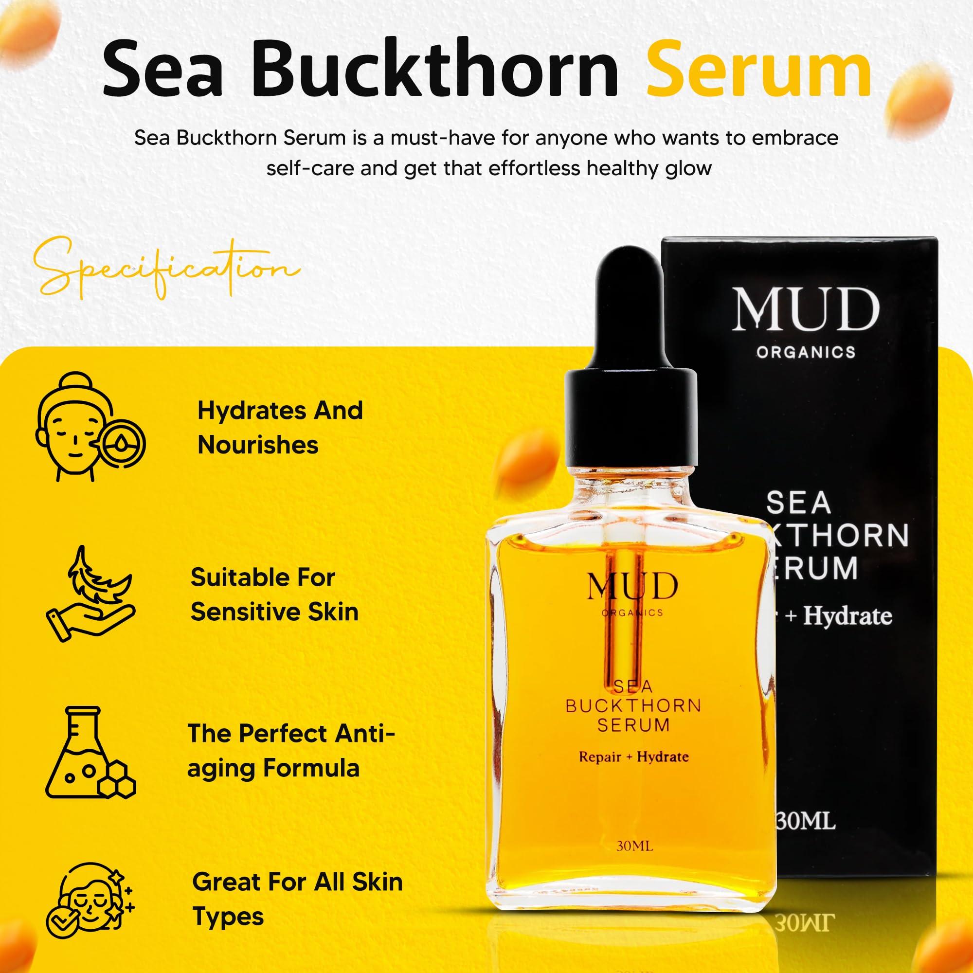 Mudganics Mudganics Sea Buckthorn Oil - Seabuckthorn Oil for Face Skin Care - Cold Pressed Sea Buckthorn Oil Organic-Rich in Omegas 3 6 7 9, Vitamin E, and Antioxidants - Natural Anti-Aging Formula - 1 fl oz