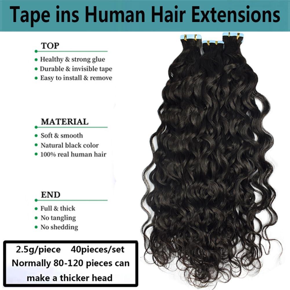 Kiss darling LASHES Water Wave Tape in Hair Extensions Remy Human Hair 8inch 100g 40pcs Natural Wavy Curly Tape in Hair Extensions Human Hair Wet& Wavy Tape in Hair Extensions
