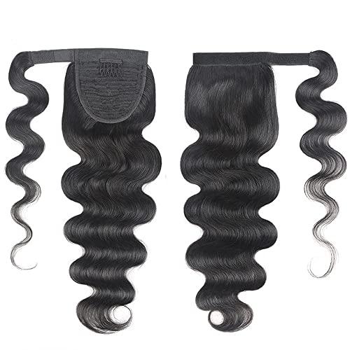 YePei Natural Black Body Wave Real Human Hair Ponytail Extension for Black Women Wrap Around Long Clip in Wavy Pony Tail Hair Piece Extensions Remy Hair (18 inch 120g, body wave ponytail)