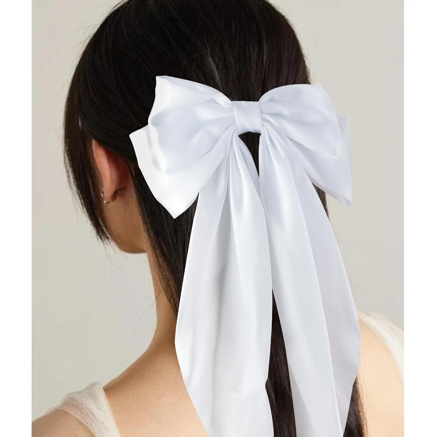 COCIDE 3Pcs Silky Satin Hair Bows for Women Hair Ribbons for Girls Big Bow Hair Ties Large Hair Barrettes for Girl French Cute Hair Clips Long Tail Mexican Hair (White,Purple,Pink)