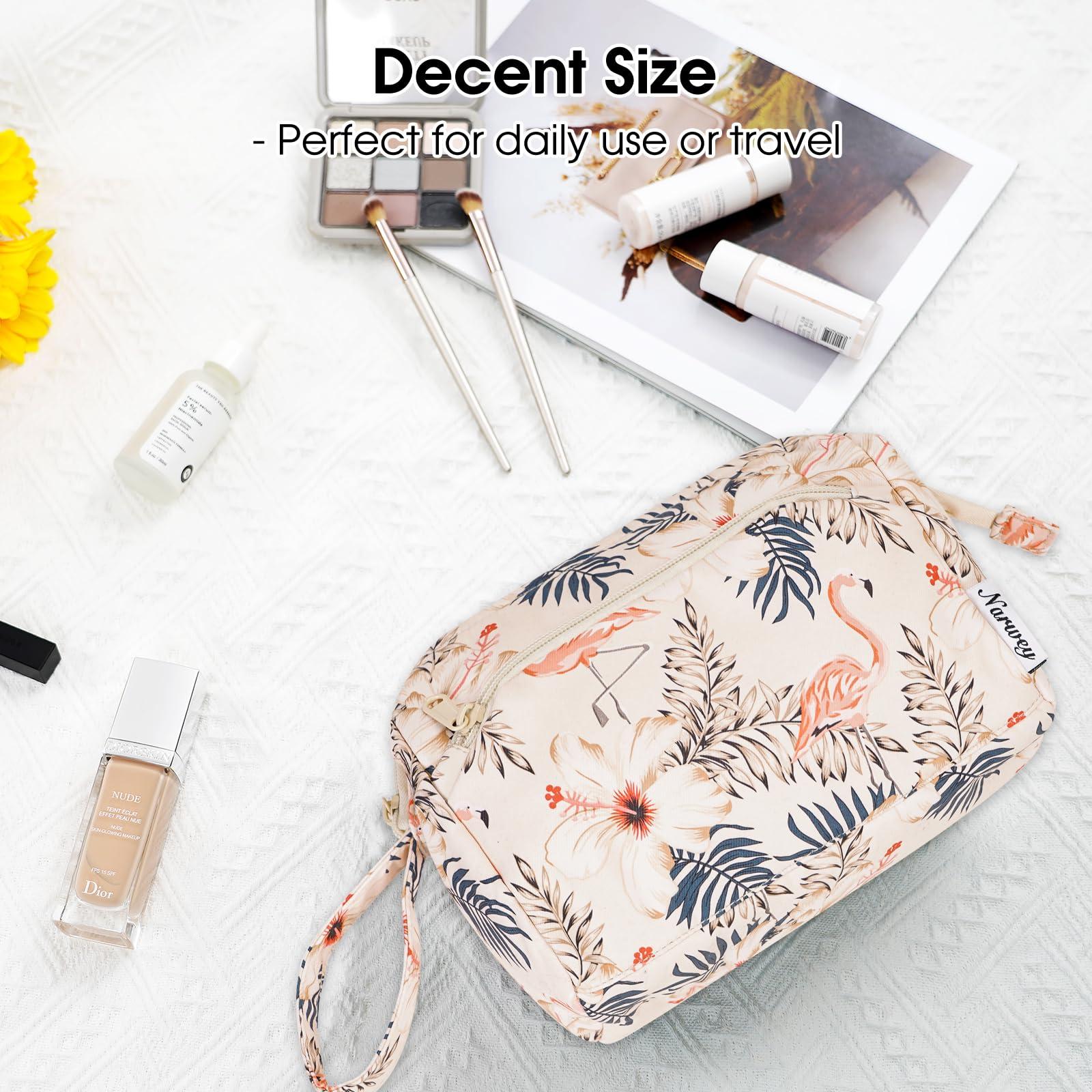Narwey Narwey Large Women Makeup Bag Wide-open Make up Bag Travel Cosmetic Organizer Toiletry Bag for Cosmetics Toiletries Accessories (Beige Flamingo)