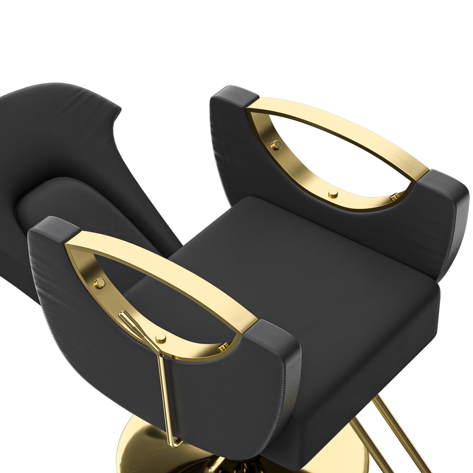 Charmmade Salon Chair Reclining Barber Chair Adjustable Recliner Styling Chair Hydraulic Adjust Height 360Swivel, Unique Headrest Design, Black and Gold