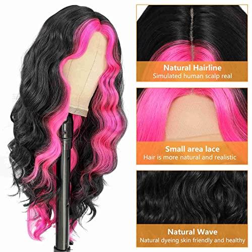 Aigemei Pink Skunk Stripe Wavy Wigs 22inch Highlight Synthetic Hair Lace Wig Ombre Hair Wigs for Black Women Middle Part Fake Scalp Long Wavy Wig