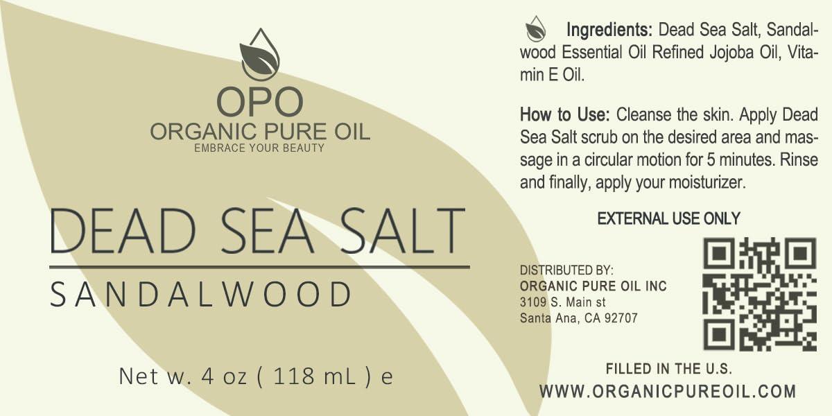 organic pure oil Pure and Natural Dead Sea Salt Scrub | Hydrating and Moisturizing | Gently Exfoliates Face Body Feet & Hands with Soothing Jojoba Oil and Vitamin E by Organic Pure Oil (Sandalwood, 4 oz)