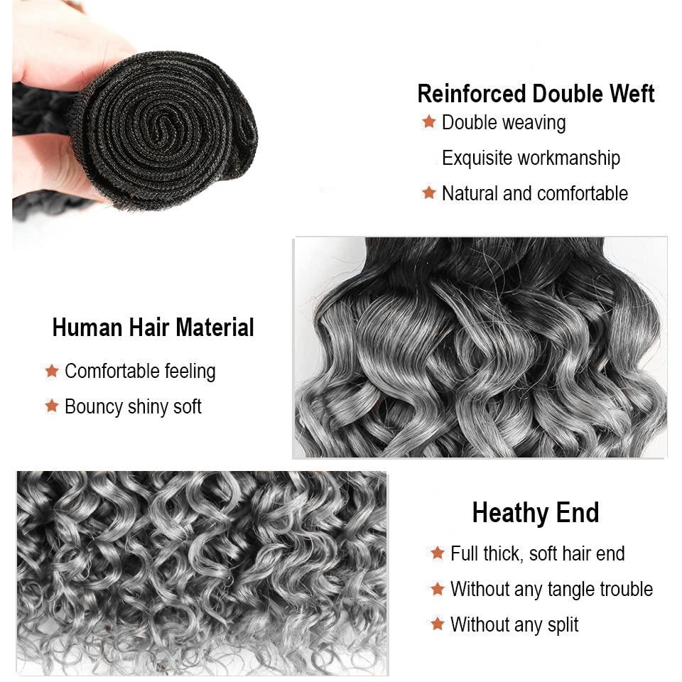 Freiuoke Grey Bundles Human Hair Silver Grey Deep Wave Human Hair Bundles 20 22 24 Inch Brazilian Unprocessed Virgin Hair 3 Bundles Two Tone Black and Grey Bundles Grey Deep Wave Bundles