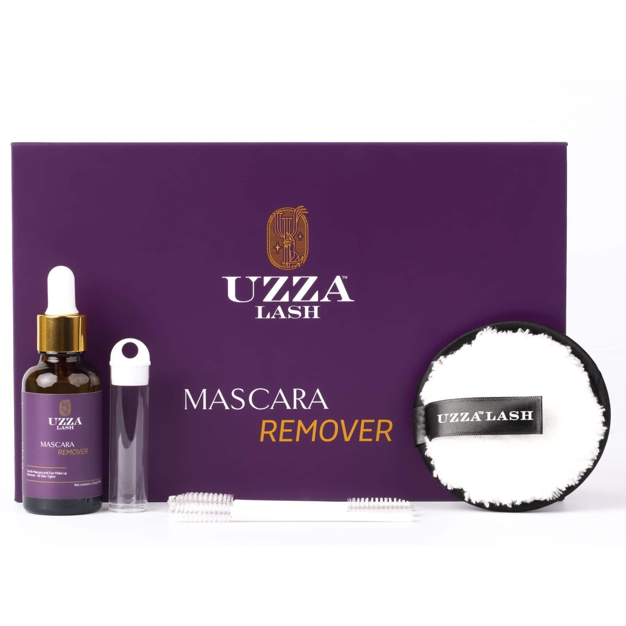 UZZA UZZA Lash Eye Makeup Remover - Waterproof Mascara Remover for Sensitive Eyes - Natural Make up Remover - Hygienic Kit Includes Eyelash Brush, Reusable Pads, Cleanser Liquid 1oz