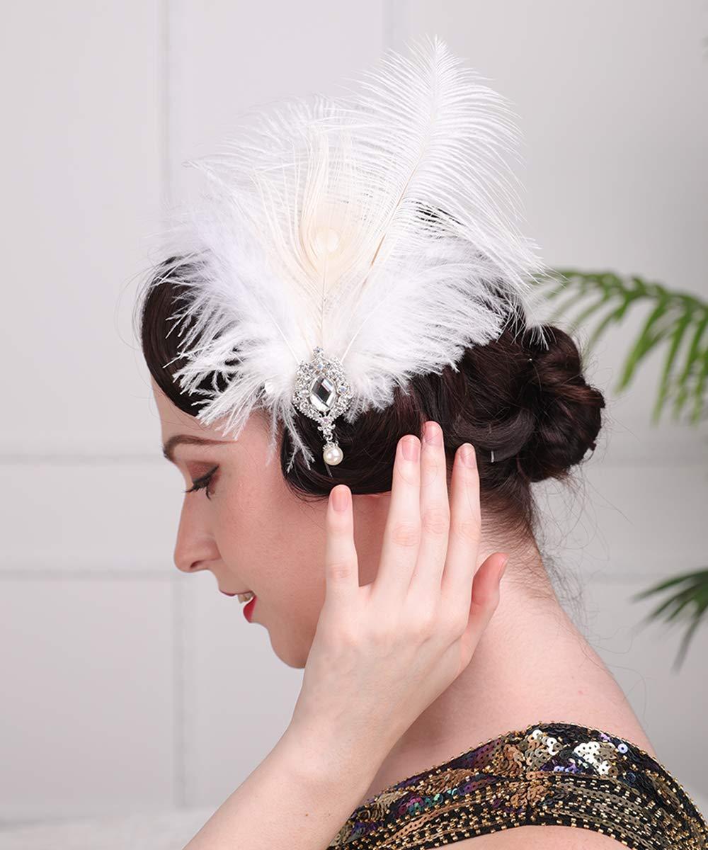 Aimimier Aimimier 1920s Flapper White Feather Headpiece Crystal Pendant Hair Clip Roaring 20s Feather Accessories Masquerade Hair Jewelry for Women