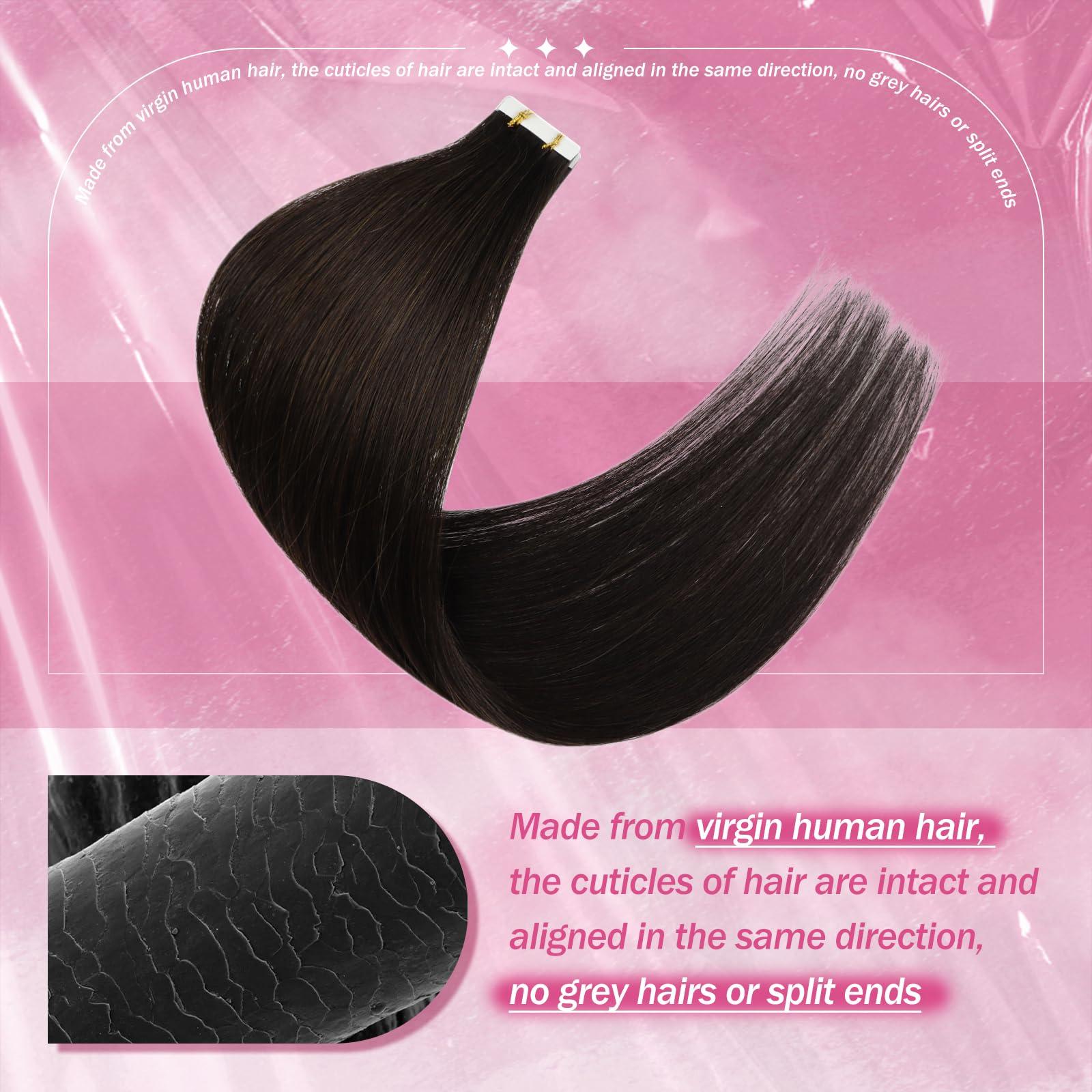 Sunny Hair Sunny Hair Injected Tape in Hair Extensions 5Pcs Virgin Human Hair Tape in Extensions Injection Tape in Hair Extensions Invisible Tape in Hair Extensions Human Hair Darkest Brown 16inch