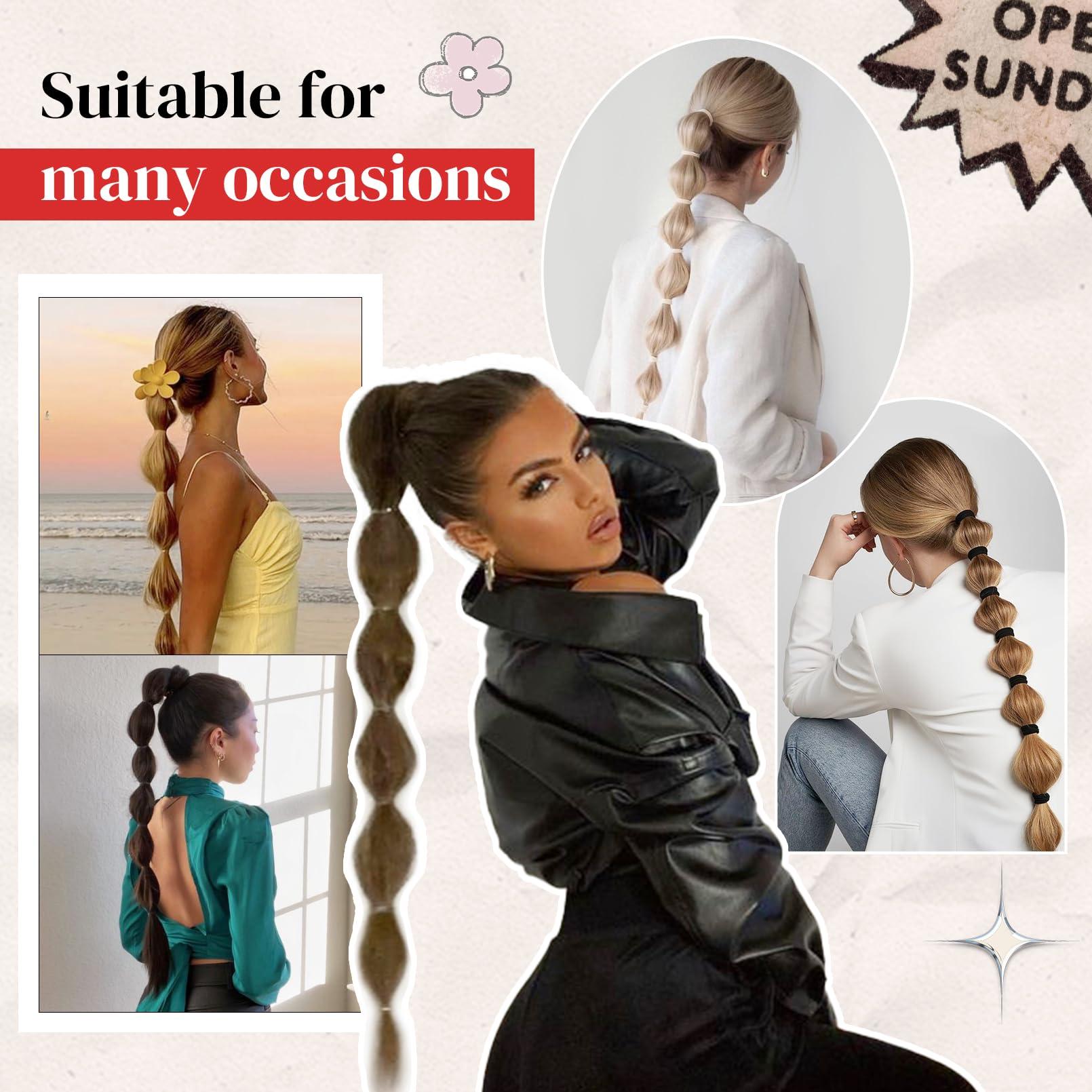 LONAI LONAI Bubble Ponytail Extension for Women,28 Inch Long Braided Wrap Around Synthetic Hair with Leather Cord, Straight Afro Puff, Braided Ponytail Extension Black Brown