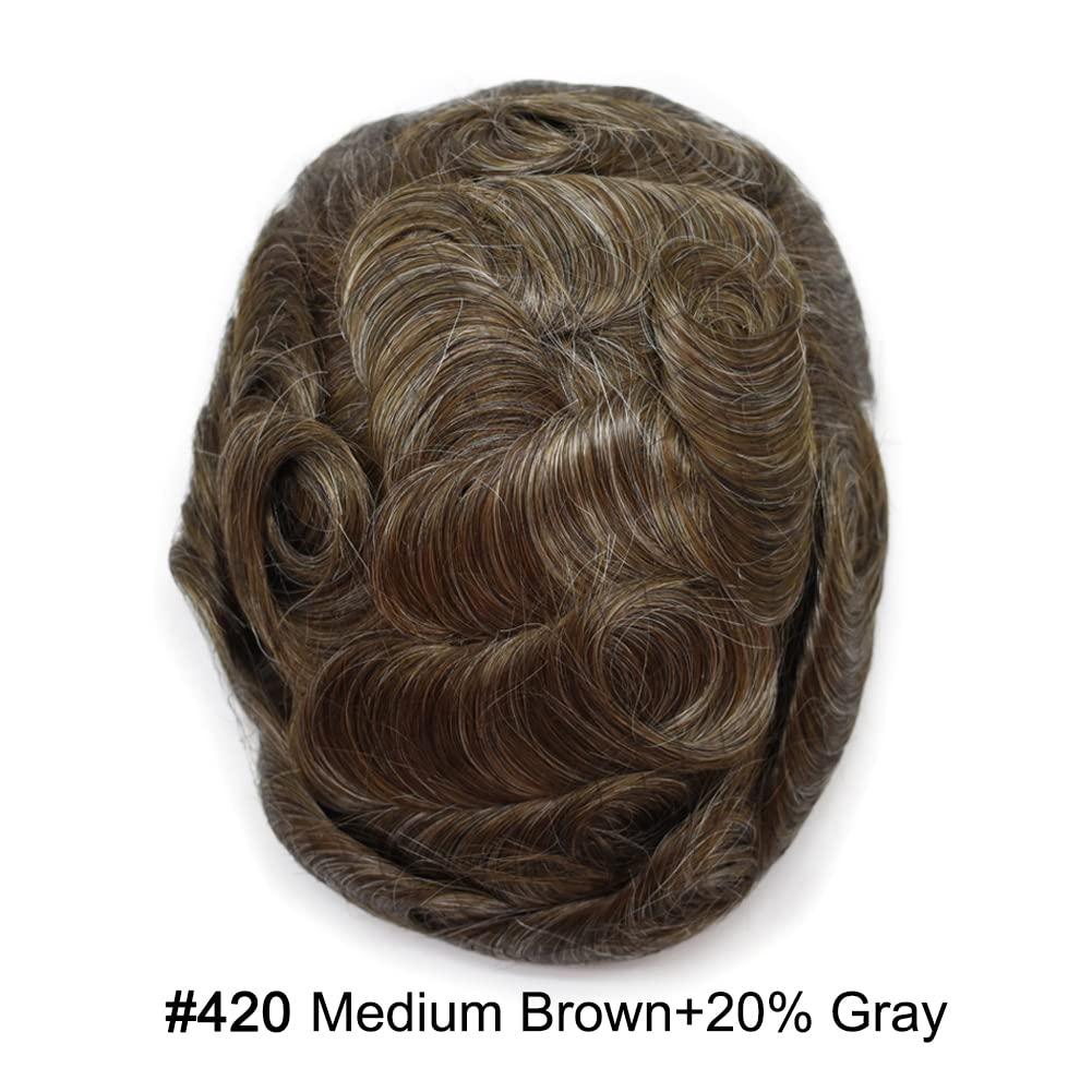 Hair Wonders Toupee for Men Hair Piece Real Human Hair Full Poly Skin Mens Toupee Men Hair System Hair Replacement Systems for Men Invisible Hair Pieces for Men #420 4# MEDIUM BROWN+20% GREY 6x9
