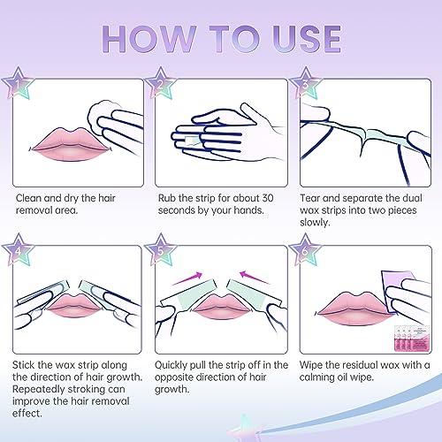 LaWink LaWink Lip Wax Strips Kit Cold Wax Strips Facial Hair Removal 20 Strips 4 Calming Oil Wipes for Sensitive Skin Types Women