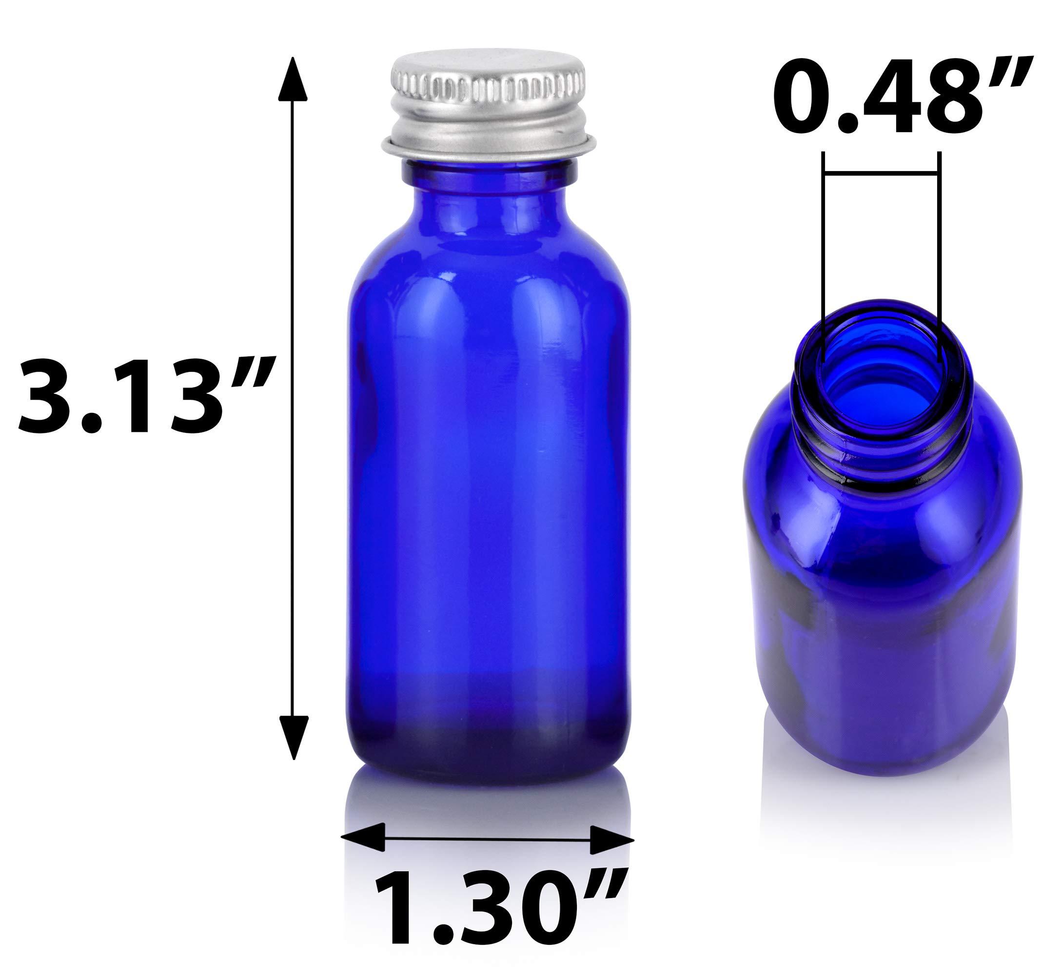 JUVITUS 1 oz Cobalt Blue Glass Boston Round Bottles with Silver Metal Screw On Caps (12 Pack) + Funnel