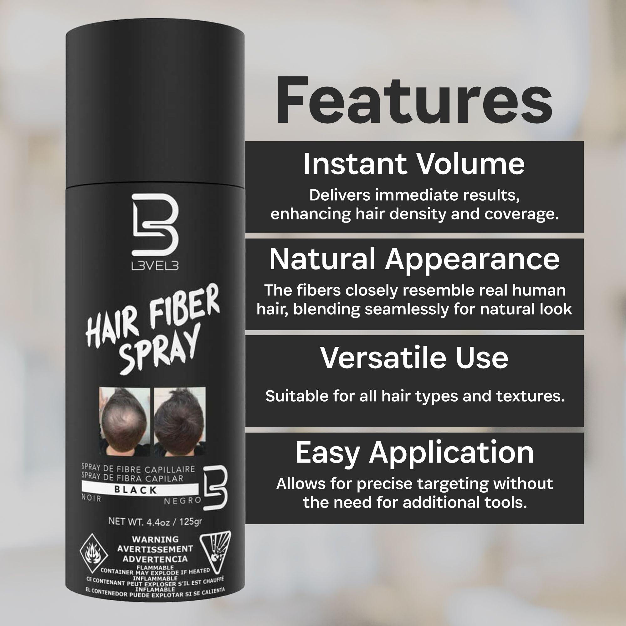 L3 L3 Level 3 Black Hair Fiber Spray - Covers Bald Spots & Thinning Hair - Instant Gray Coverage & Thicker Hair Appearance