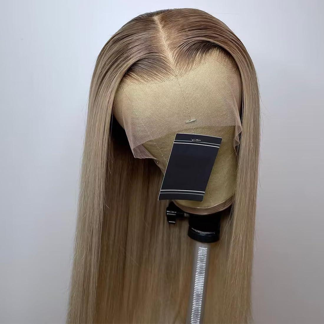 koinu Ash Blonde Wig Human Hair 13x4 Transparent Lace Front Wigs Human Hair 200% Density Ash Blonde Straight Lace Front Wigs for Black Women Pre Plucked Dark Brown Roots Human Hair Wig Pre Plucked 30 Inch