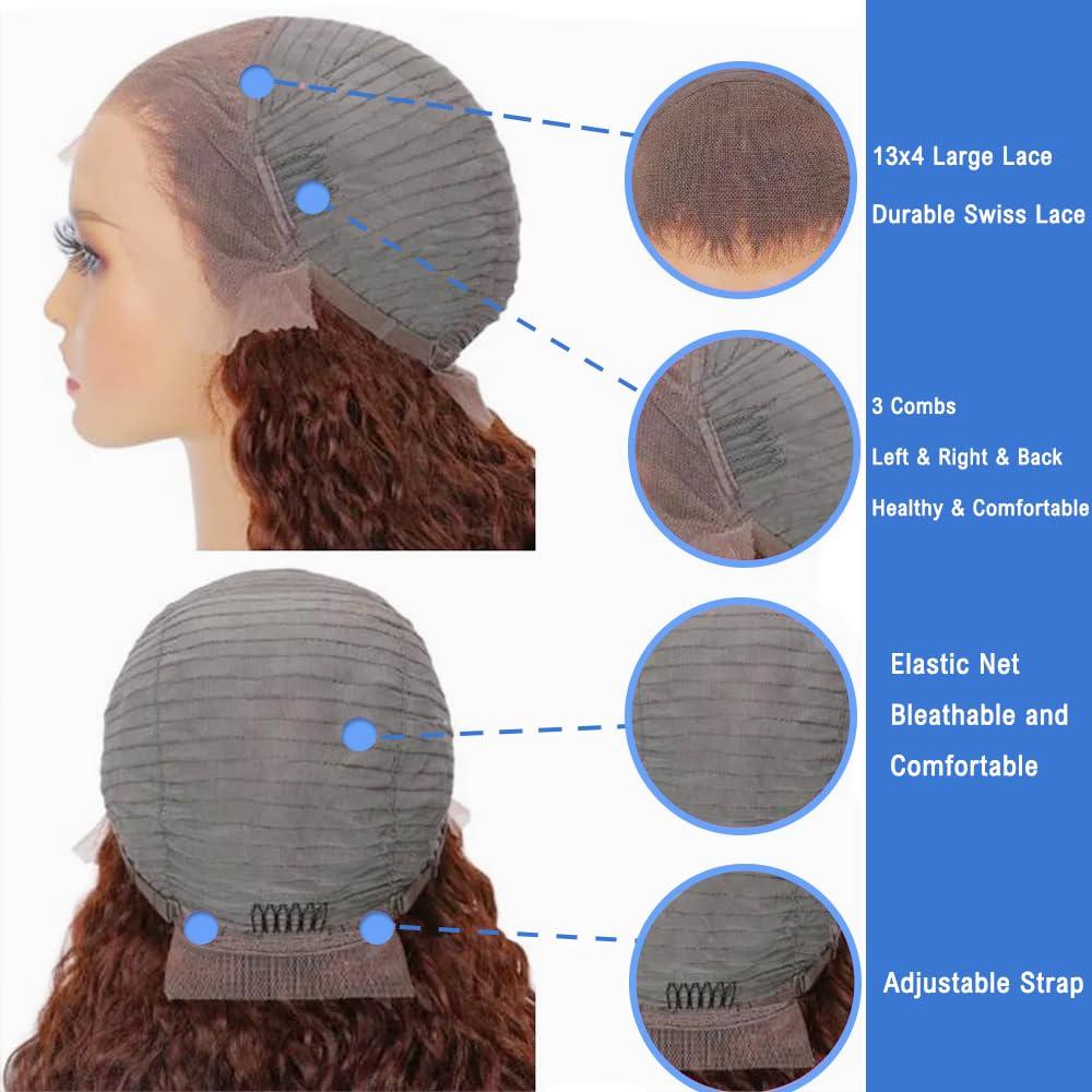 AHUFALU Reddish Brown Curly Lace Front Wigs Human Hair 13X4 Free Part Copper Deep Curly Wig Bleached Knots Auburn Brown Colored Water Wave Lace Front Wig Pre Plucked With Baby Hair 180% Density 28 inch