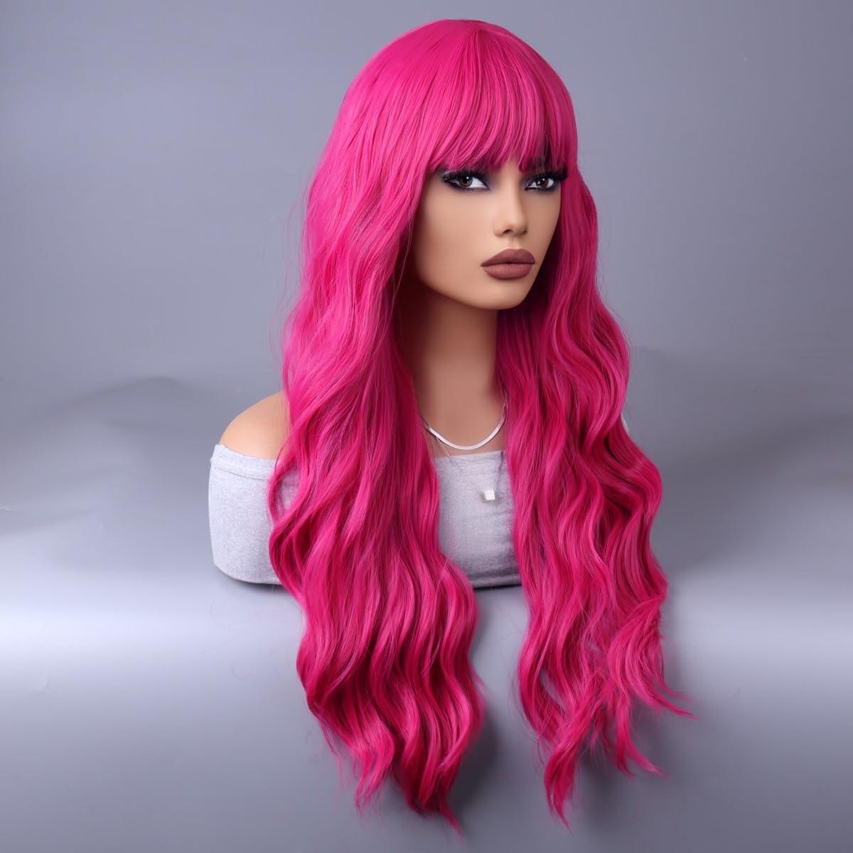 WTHCOS WTHCOS Hot Pink Wigs for Women Long Curly Wavy Hot Pink Wig with Bangs Rose Red Wig Neon Pink Wig Magenta Wig Heat Resistant Synthetic Wig with Wig Cap (Hot Pink)