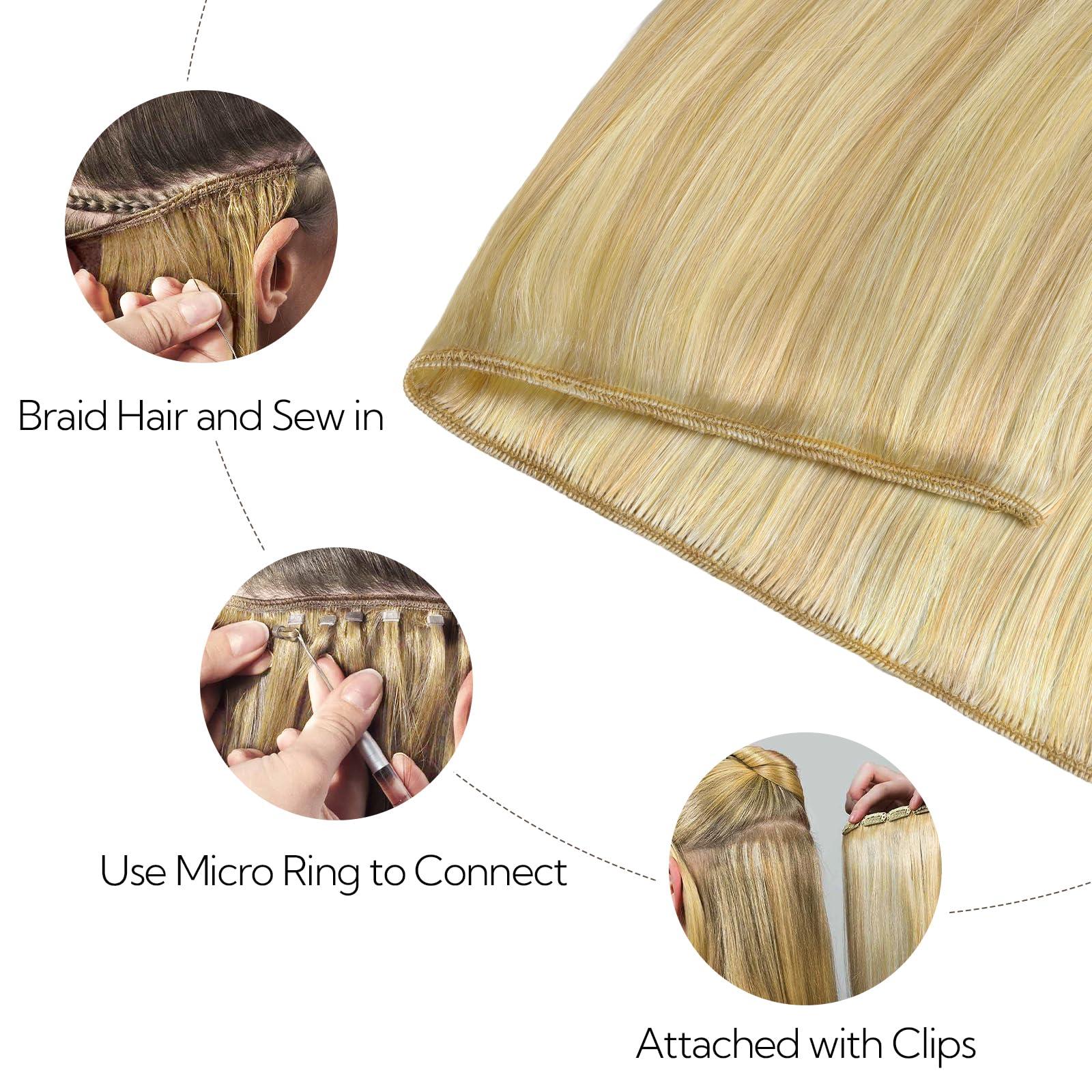 hotbanana HOTBANANA Sew in Hair Extensions Real Human Hair, 18inch 100g Weft Hair Extensions Light Blonde Highlighted Golden Blonde Sew in Hair Extensions Straight Remy Human Hair Weft Hair Extensions Full Head