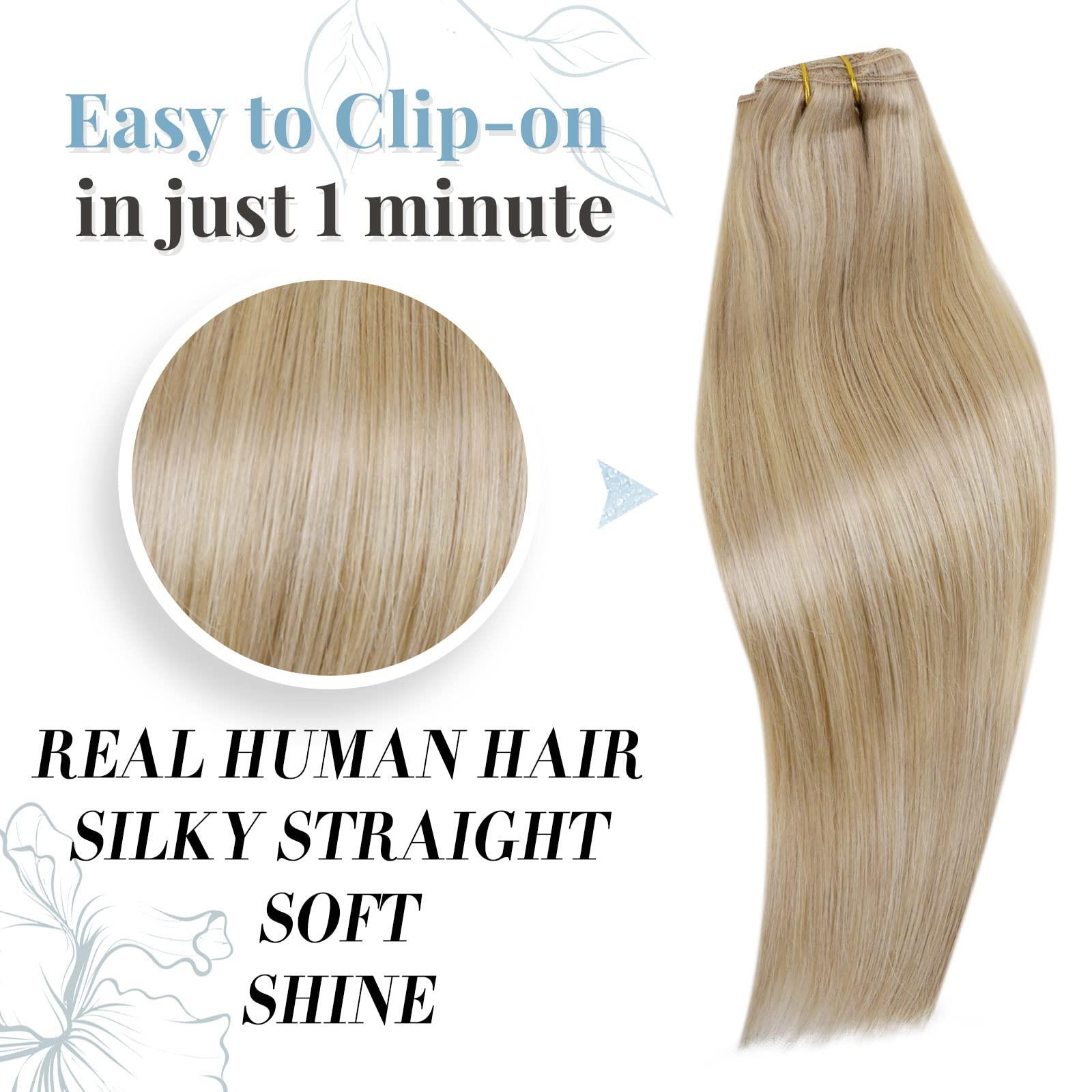 RUNATURE Light Ash Blonde Hiar Extensions Clip Ins 12 Inch Clip Hair Extensions #16p22 and #8p60 Brown with Blonde Human Hair Ponytail Extension 12 inch