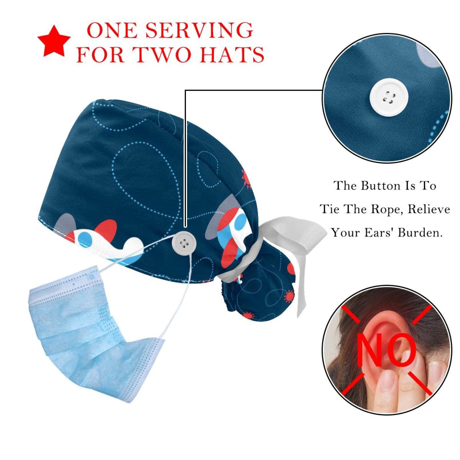 Lyetny Aircraft Airplane Plain Aeroplane Scrub Caps Hats Women Bouffant Working Hat Ponytail Holder for Women Long Hair Covers 2PCS