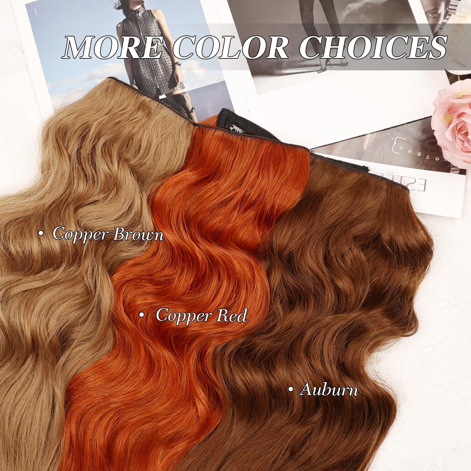 MORICA MORICA Invisible Wire Hair Extensions - Copper Red Hair Extensions 20 Inch Halo Hair Extensions Long Wavy Synthetic Hairpiece with Transparent Wire Adjustable Size, 4 Secure Clips for Women