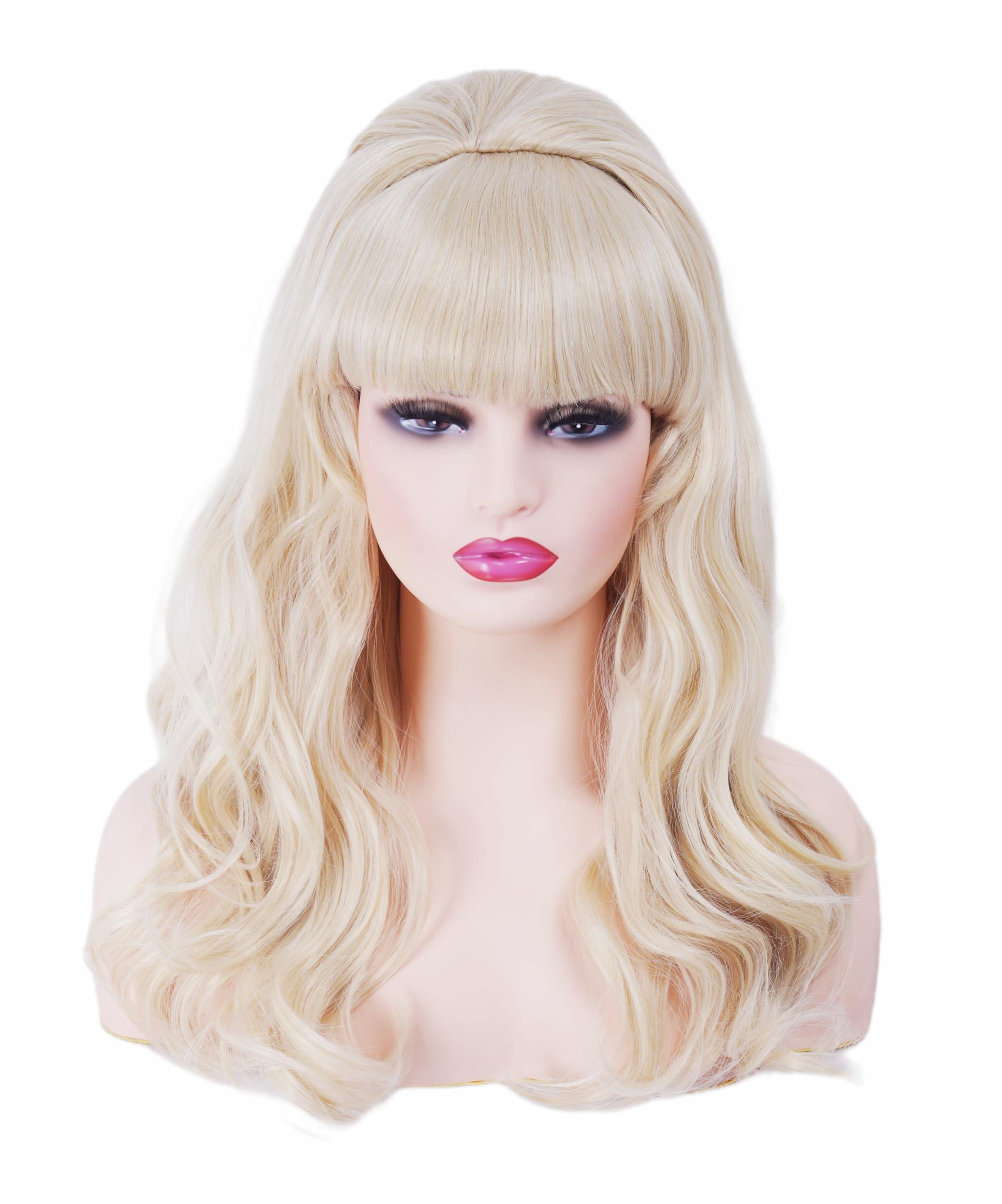 NJJYXH NJJYXH 20 Inches Retro Beehive Blonde Wigs for Women Long Wavy Wig with Neat Bangs Synthetic Natural Wig for 60s 70s 80s Cosplay,Halloween,Daily Use