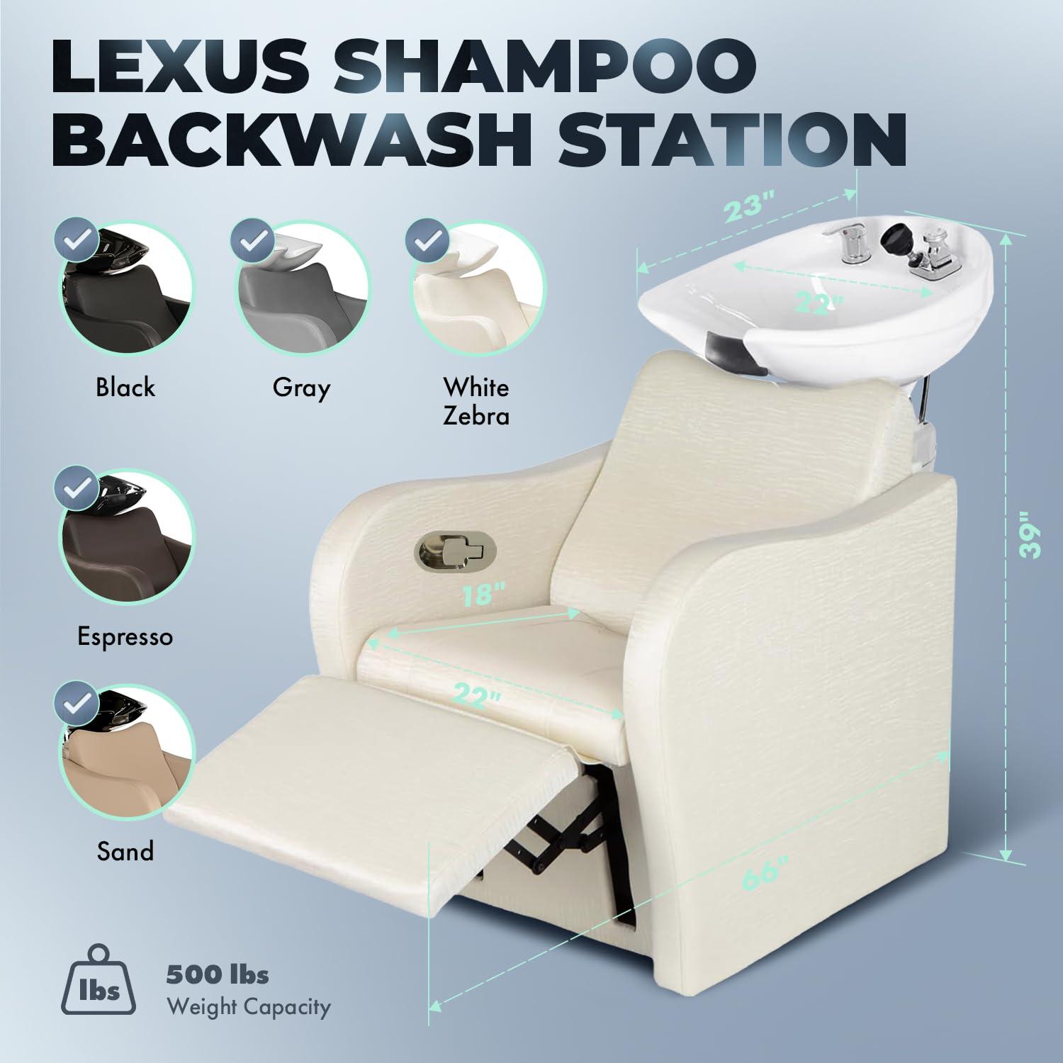 Buy-Rite Salon & Spa Equipment Buy-Rite Lexus Backwash Unit - Salon Shampoo Chair & Tilting Porcelain Shampoo Bowl, European Style Single Handle Faucet, Extra Wide Seat and Kick-Out Leg Rest, TS-8018B (White Zebra)