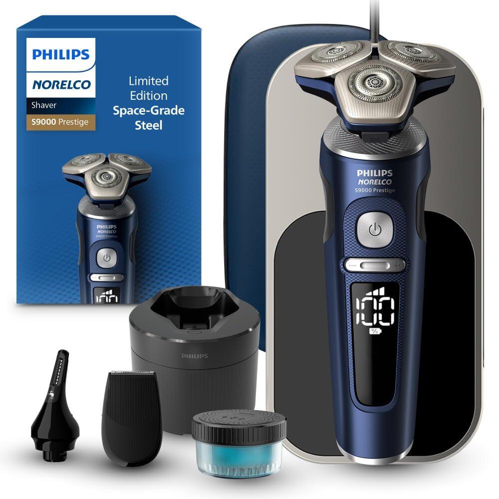 Philips Norelco Philips Norelco Shaver Series 9000 Prestige, Wet and Dry Electric Shaver, System, SenseIQ Technology, Precision Trimmer, Nose Trimmer, Qi Charging Pad, Cleaning Pod, Adriatic Blue, SP9886/89