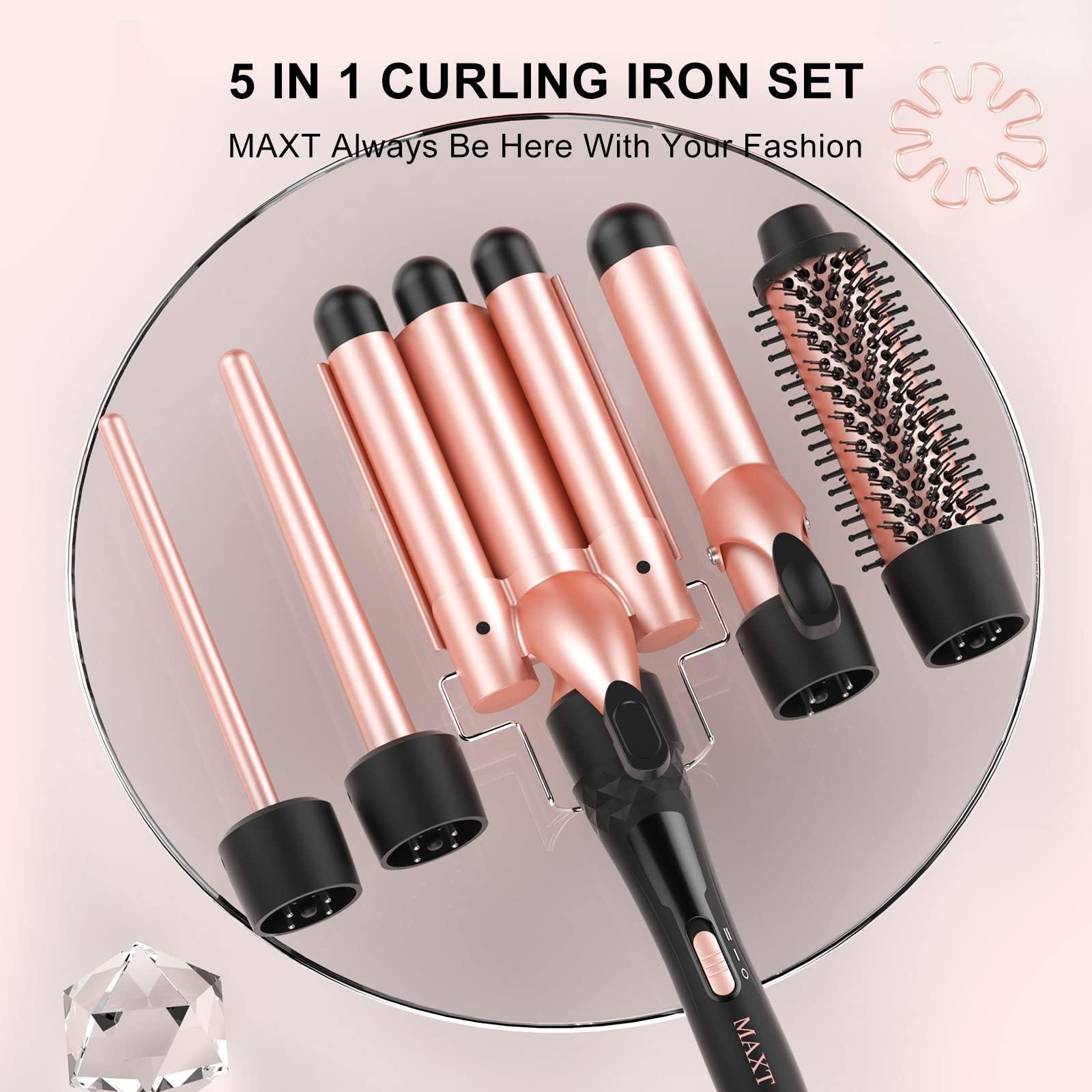 MAX-T Curling Iron Set 5 in 1,MAXT Curling Wand Set Interchangeable Triple Barrel Curling Iron and Curling Brush Ceramic Barrel Wand Curling Iron(0.35-1.25)