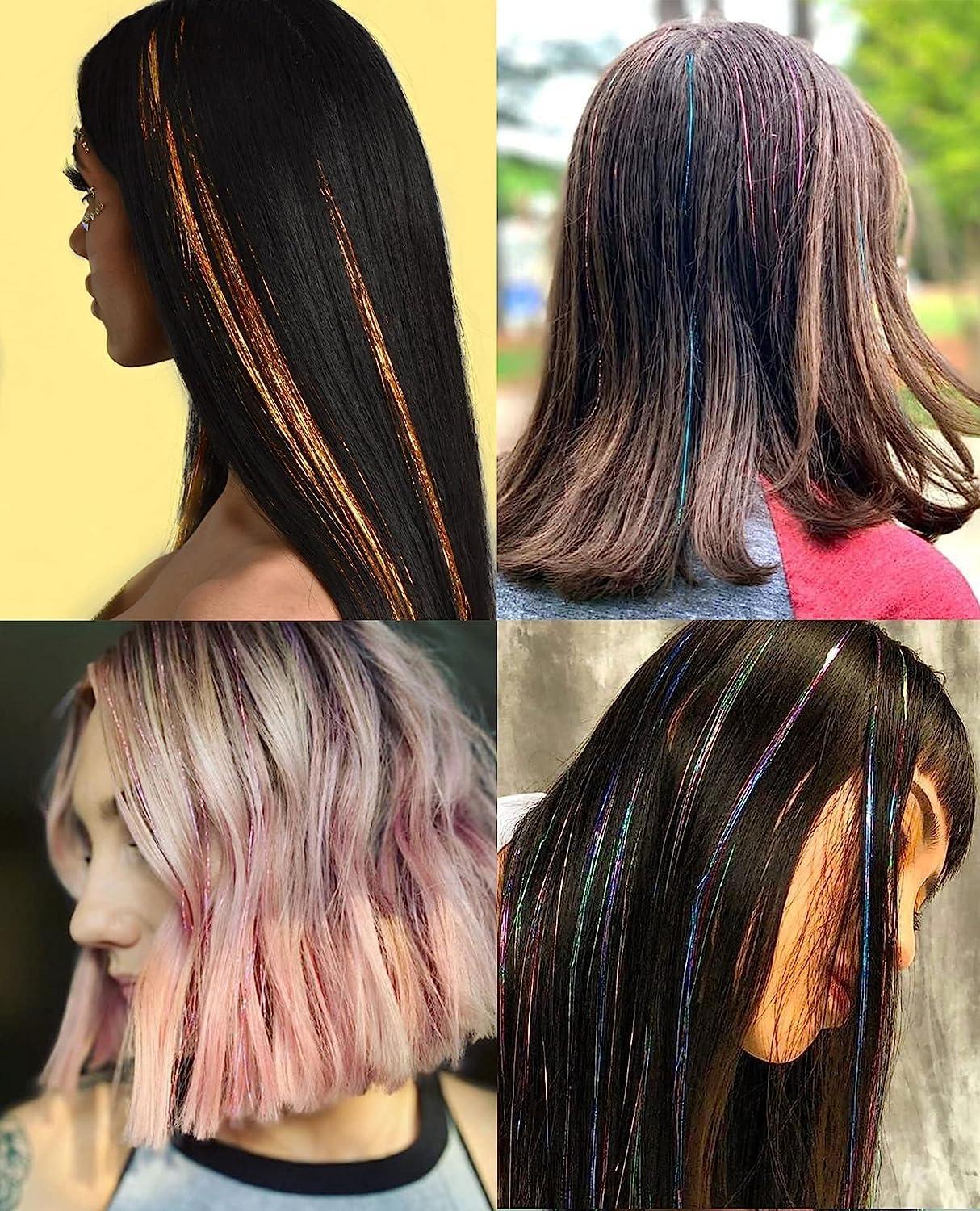 Luckyaisha Hair Tinsel Clip in Tinsel Hair Extensions Silver Fairy Glitter Hair Tinsel Kit for Women Heat Resistant 21.5In 6Pcs Festival Hair Accessories for Party, Christmas, New Year, Halloween, Cosplay