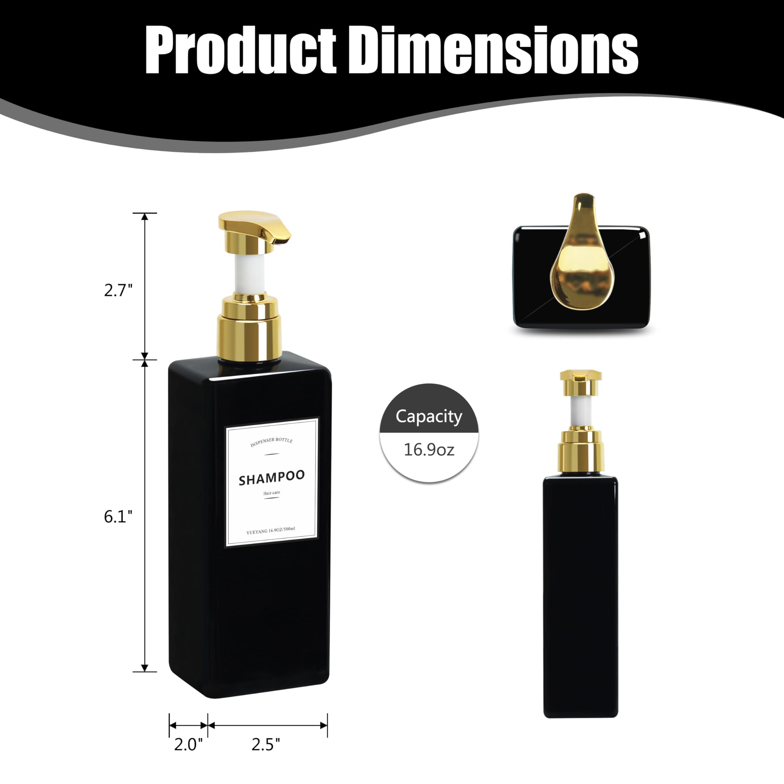 YUEYANG YUEYANG Black Shower Bottles Refillable with Labels, 16.9OZ Pack of 3 Empty Black Shower Dispenser with Gold Pump, Boutique Plastic Bottles for Body Wash, Body Oil