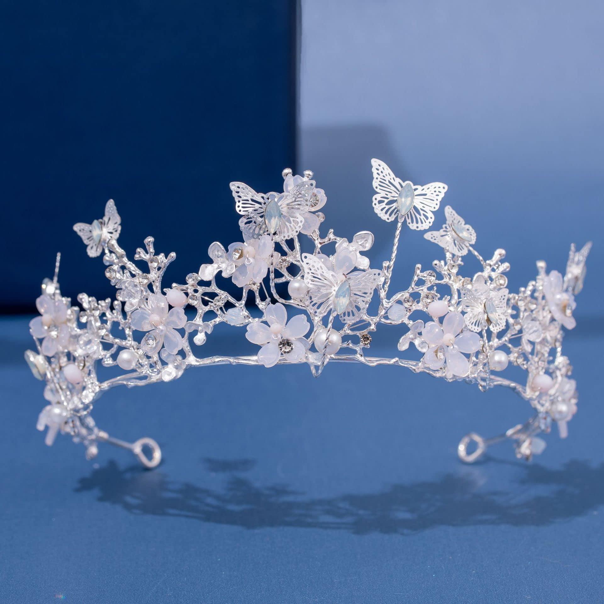 GUMMIA GUMMIA Women's Fashion Headbands Korean Flower Butterfly Tiara Bridal Pearl Crystal Crown Women Girls Wedding Princess Birthday Party Hair Dress Jewelry (Color : Silver)