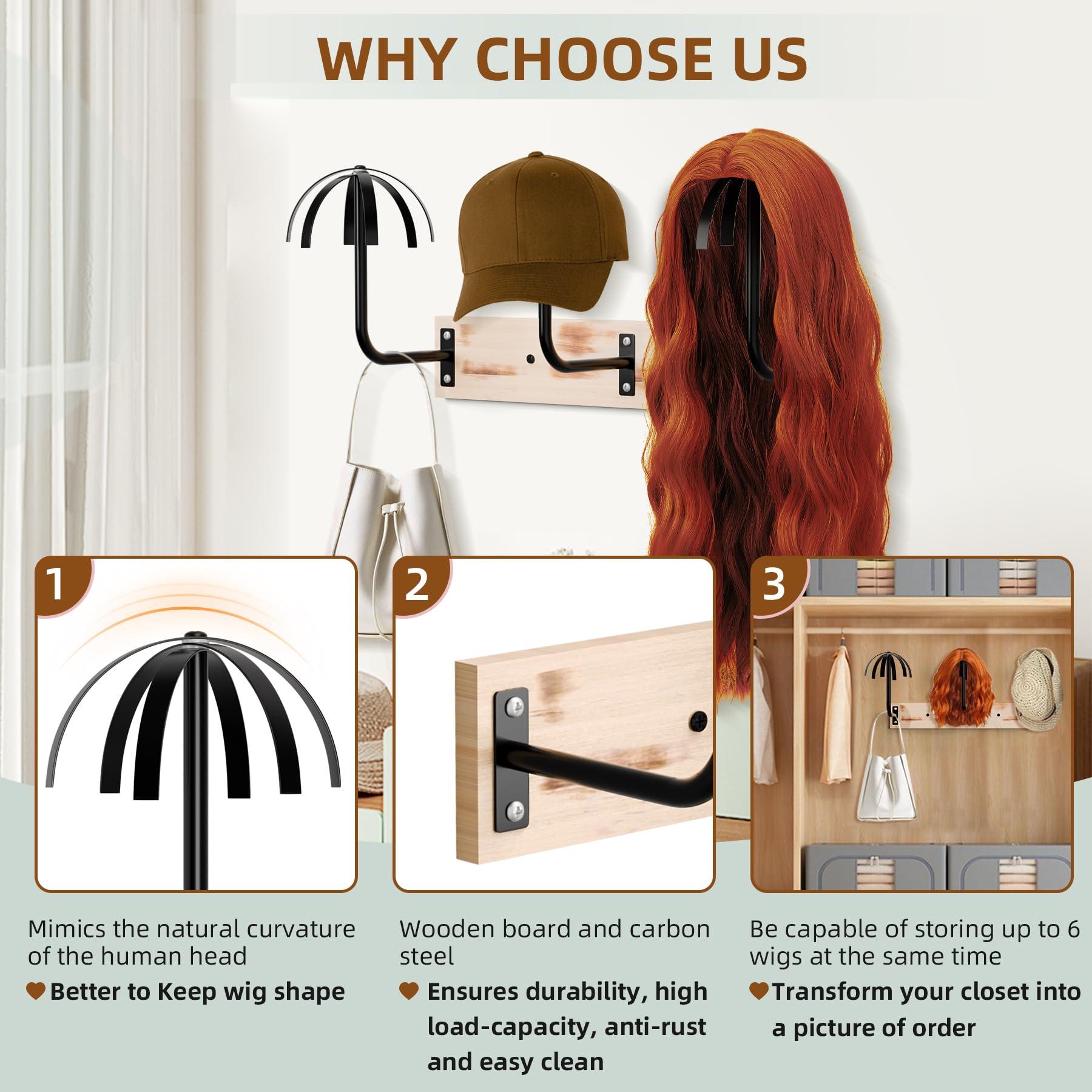 MEEMENG Wig Holder for Multiple Wigs,Sturdy Hanging Wig Storage Organizer, Wall Mounted Wig Hanger Rack, 6 Pcs Wig Stand for Wigs Drying, Styling, Display, Wig Keeper/Storage Solution-Preserving Wig Shape