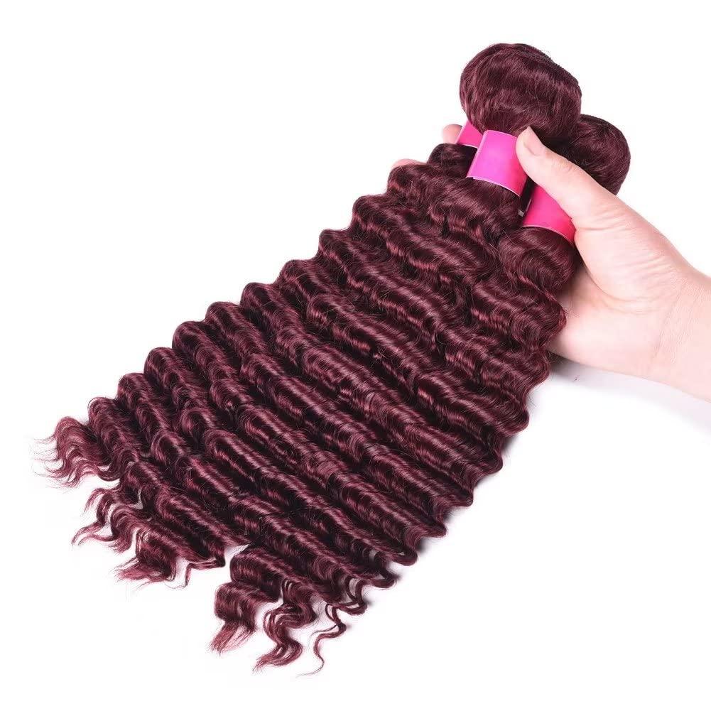 FEEL ME 99j Deep Wave Human Hair Bundles Brazilian Hair Weave 3 Bundles Red Burgundy Deep Curly Human Hair Bundles 14 16 18 Inch 10A Unprocessed Brazilian Curly Virgin Hair Extensions