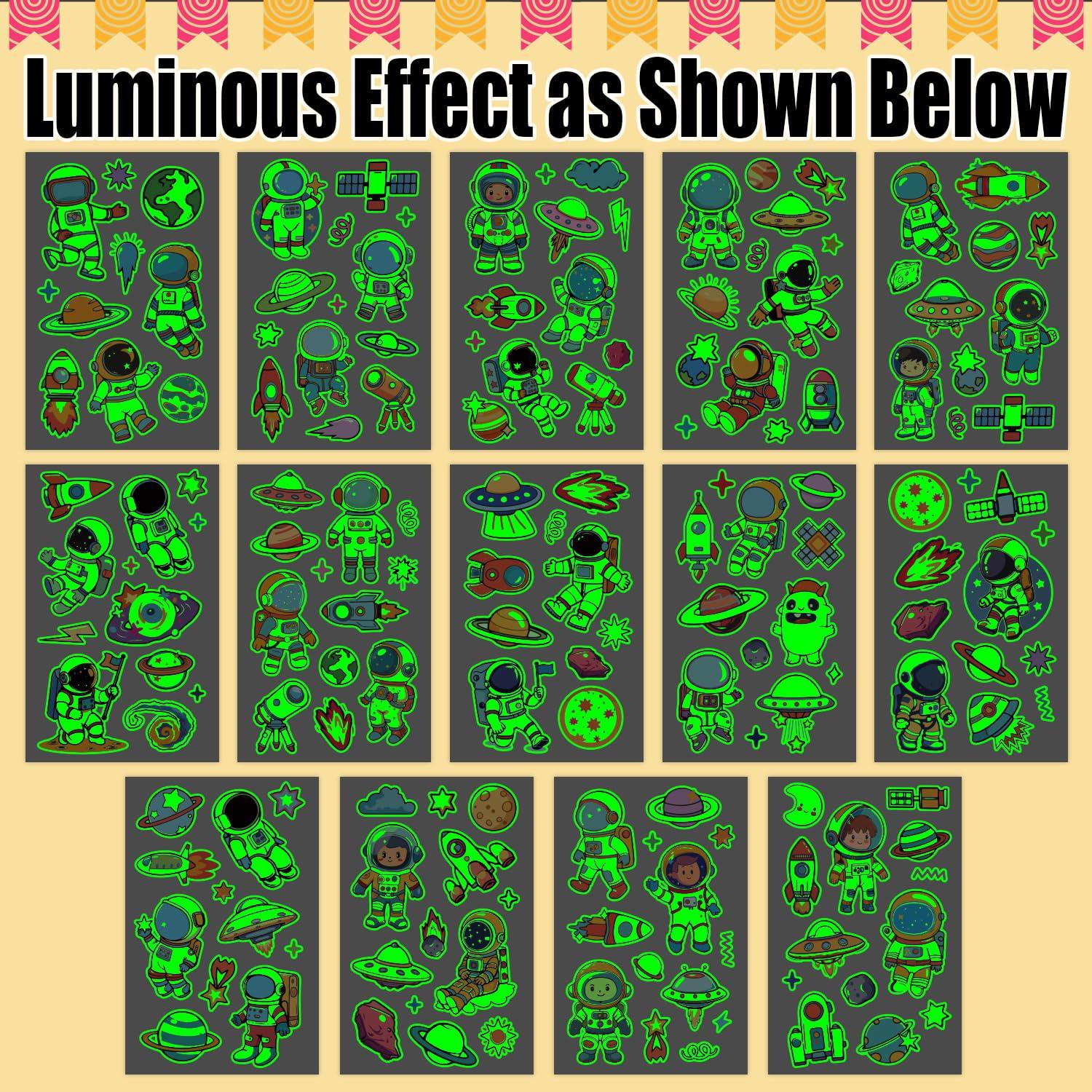 PARTYWIND Partywind Glow Space Tattoos for Kids, 150 Styles Luminous Spaceship Planets Astronaut Fake Tattoo Stickers for Space Birthday Party Supplies, Cute Goodie Bag Stuffers for Boys