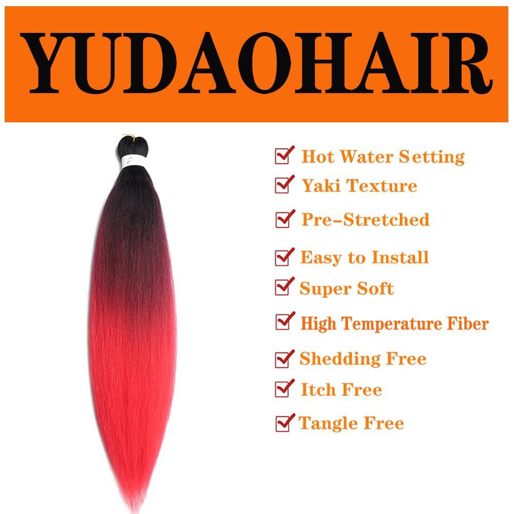 YUDAOHAIR Pre Stretched Braiding Hair 26 Inch Ombre Red Braiding Hair Extensions Hot Water Setting Crochet Box Braids Hair (26 Inch (Pack of 1), Black-Wine Red-Red)