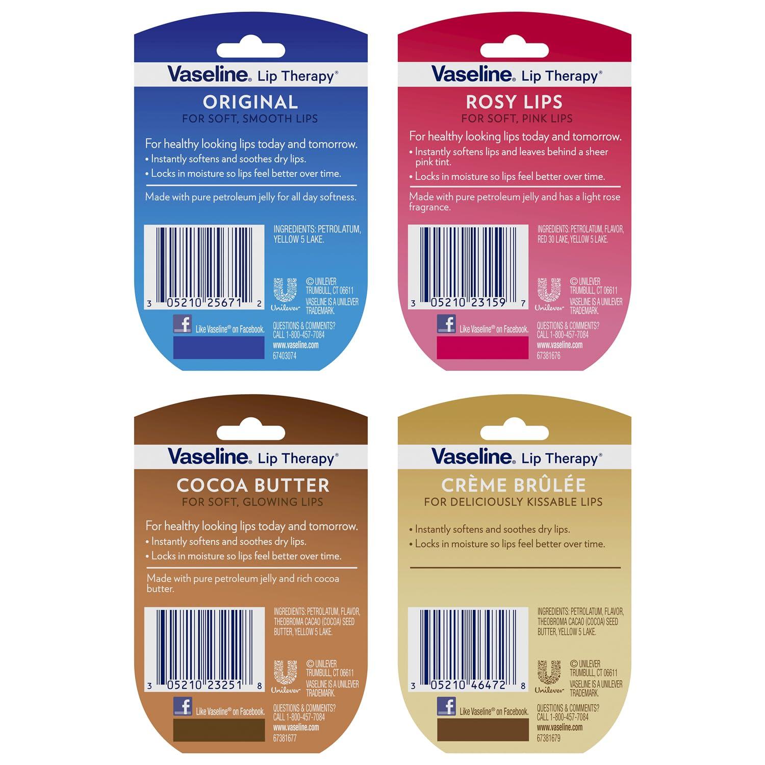 Vaseline Vaseline Lip Therapy Variety 8-Pack  Original, Crme Brle, Rosy Lips, Cocoa Butter Mini Lip Balms for Soft, Glowing, and Deliciously Kissable Lips, 0.25 Oz Ea